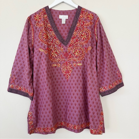 Vintage Soft Surroundings hand embroidered boho cotton India blouse - Picture 1 of 11